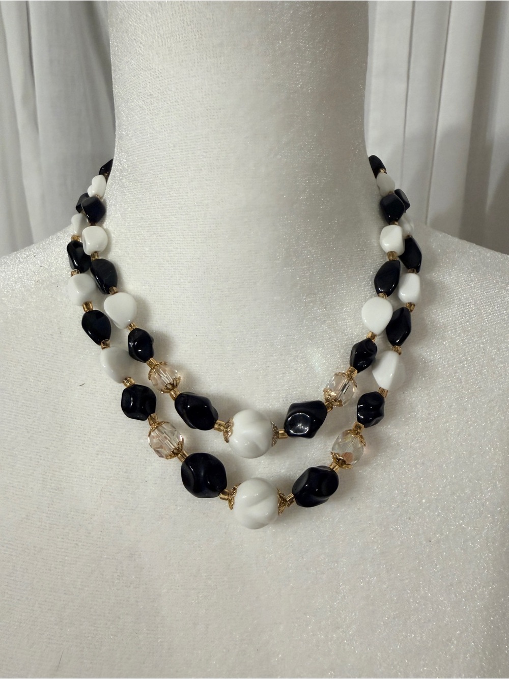Vintage Japan Signed Double Strand Black White Glass Bead Necklace Gold Tone